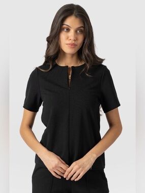 Saint + Sofia Keller Zip-Front Ponte Short Sleeve Tee Shirt In Black Size 10 US
